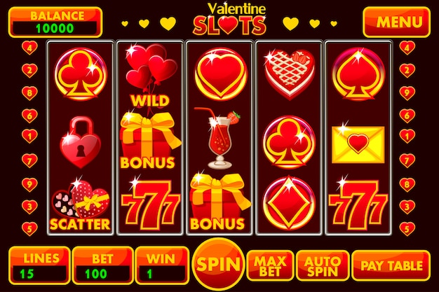 Interface De Machine à Sous Style Saint-valentin De Couleur Rouge. Menu Complet De L'interface Utilisateur Graphique Et Ensemble Complet De Boutons Et D'icônes Pour La Création De Jeux De Casino Classiques.