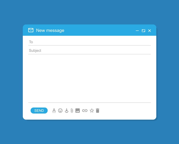 Vecteur interface de messagerie. modèle de fenêtre de courrier, cadre isolé de message internet, conception d'interface utilisateur de courrier électronique vierge en bleu. vecteur eps 10