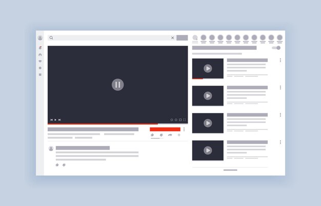 Interface de modèle de lecteur vidéo Maquette d'hébergement vidéo concept de médias sociaux Canal vidéo Web ou application mobile Diffusion en direct de bureau