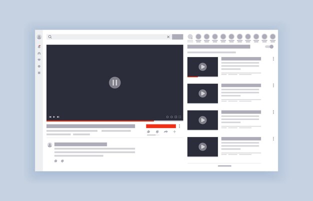 Vecteur interface de modèle de lecteur vidéo maquette d'hébergement vidéo concept de médias sociaux canal vidéo web ou application mobile diffusion en direct de bureau
