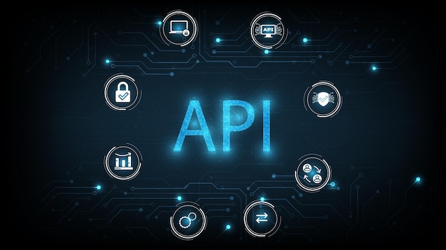 Interface de programmation d'applications (API) sur fond bleu. Outil de développement logiciel, information t