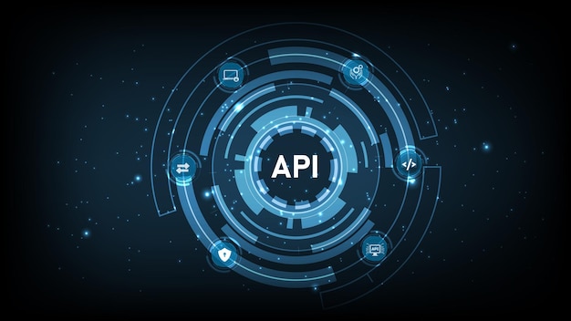 Interface de programmation d'applications API Outils de développement de logiciels technologie de l'information technologie moderne concepts d'Internet et de réseautage sur fond bleu foncé