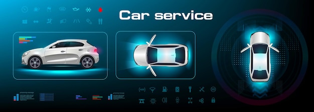 Interface utilisateur automobile Système de contrôle autonome du véhicule Voiture avec paramètres et caractéristiques Panneau de navigation numérique avec réglages du véhicule
