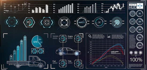 Interface utilisateur futuriste. HUD UI. Interface utilisateur tactile abstraite. Infographie de voitures. résumé scientifique. illustration.