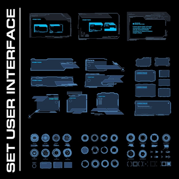 Interface utilisateur HUD Interface utilisateur virtuelle futuriste avec légendes de cadres et boîtes de dialogue PC avec interface numérique pour la communication ou les jeux vidéo avec des éléments HUD