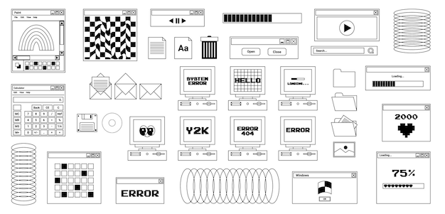 Interface utilisateur y2k autocollants icônes rétro boutons de navigateur écran ordinateur noir blanc couleurs vectorielles