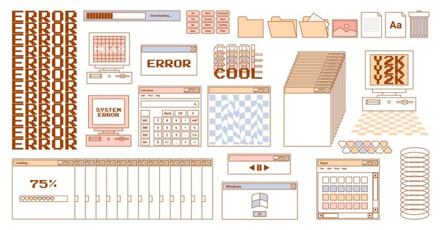 Interface utilisateur y2k autocollants icônes rétro boutons de navigateur écran ordinateur vecteur pastels délicats