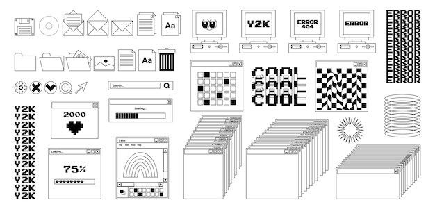 Interface utilisateur y2k autocollants icônes rétro boutons de navigateur et plus Noir blanc couleurs vecteur