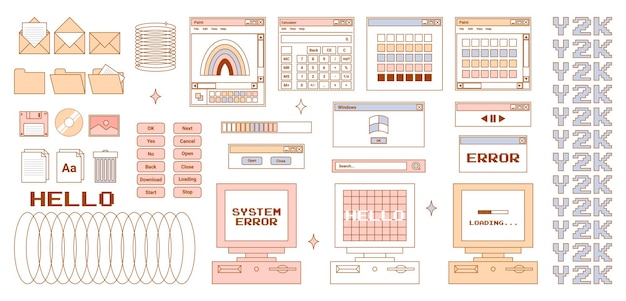 Interface utilisateur y2k autocollants icônes rétro boutons de navigateur et plus de pastels vectoriels délicats