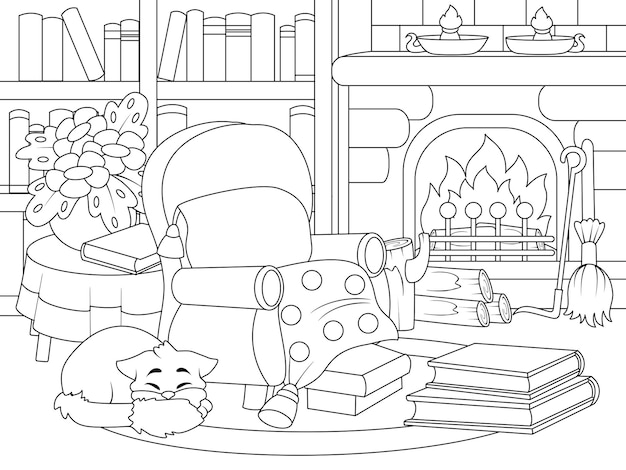 Vecteur intérieur de la bibliothèque à la maison avec cheminée et chat chambre confortable page vectorielle pour livre de coloriage imprimable pour enfants