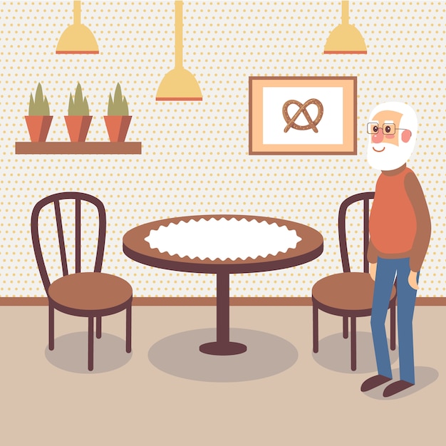 Vecteur intérieur de boulangerie plat avec table et deux chaises en bois. souriant vieil homme à barbe grise, debout à l'intérieur de la pâtisserie. illustration de dessin animé