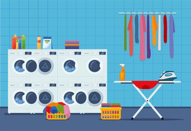 Vecteur intérieur de la buanderie avec lave-linge, repasseuse, fer à repasser, vêtements et produits de nettoyage. spe 10