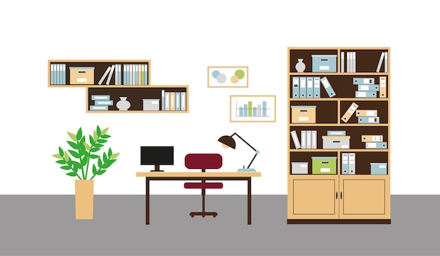 Intérieur de bureau avec étagères à livres, étagère à livres, fauteuil, ordinateur et lampe sur le bureau et plante sur le sol