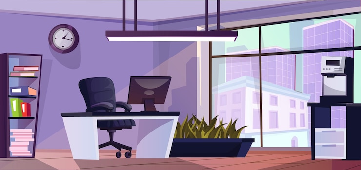 Vecteur intérieur de bureau moderne conception de dessin animé mignon grande fenêtre panoramique avec vue sur les gratte-ciel de la ville bureau avec ordinateur et fauteuil machine à café plantes d'intérieur vertes concept de directeur illustration vectorielle