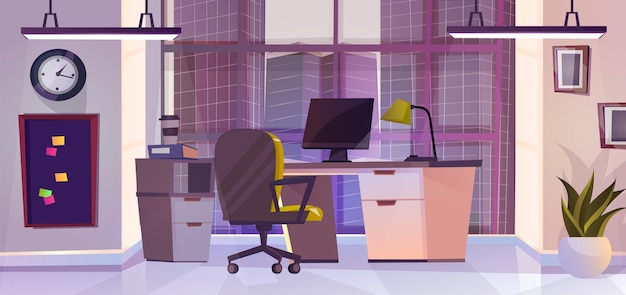 Intérieur de bureau moderne Grande fenêtre panoramique avec vue sur le gratte-ciel de la ville Bureau de conception de dessin animé mignon avec ordinateur et fauteuil Tableau de notes sur le concept de directeur de l'usine murale Illustration vectorielle