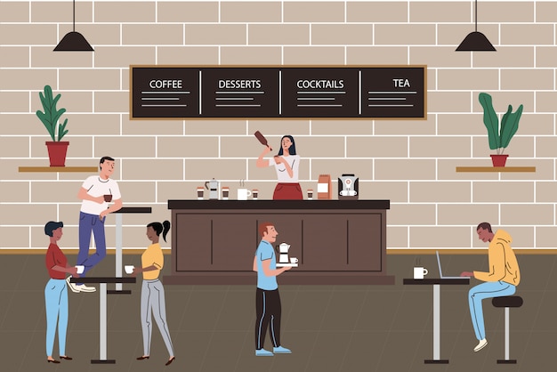 Intérieur de café ou de restaurant avec des gens relaxants. Fille Barista fait et sert d'illustration de dessin animé de café
