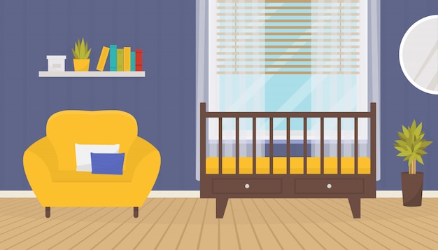 Vecteur intérieur de la chambre de bébé avec lit et fauteuil.