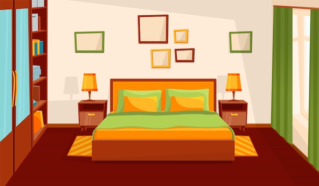 Intérieur De Chambre Confortable Chambre Confortable Appartement De Dessin Animé Plat Avec Fenêtre Meubles De Sommeil Table De Lit Moderne Miroir Illustration Vectorielle Récente