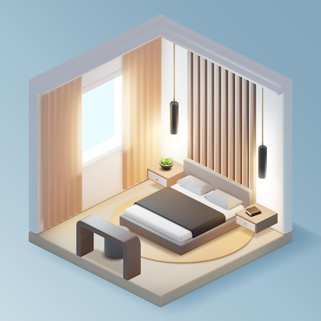 L'intérieur de la chambre à coucher 3D à l'intérieur du concept de plastique vecteur de style dessin animé