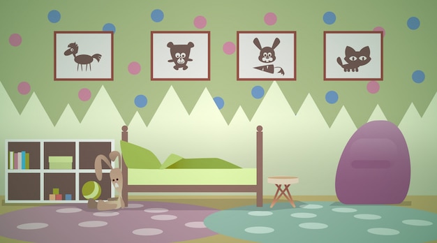Intérieur de la chambre des enfants aux couleurs vertes. lit d'adolescent. Salle de jeux et chambre. Cartoon silhouettes d'animaux en images sur les murs