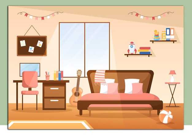 Vecteur l'intérieur de la chambre d'enfants confortable avec des meubles comme des lits, des jouets, des armoires, des tables de chevet, des vases, des lustres dans un style moderne avec des illustrations vectorielles de dessins animés.