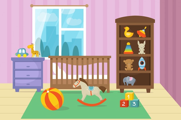 Vecteur intérieur de la chambre des enfants de dessin animé avec illustration vectorielle de jouets pour enfants