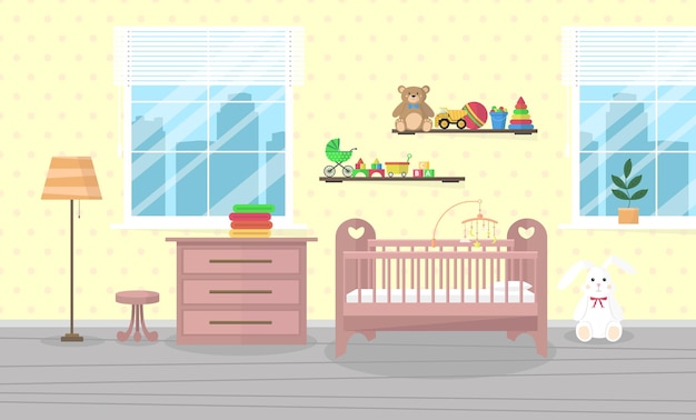 L'intérieur d'une chambre d'enfants avec un lit, une commode, des jouets et d'autres objets Chambre pour une fille