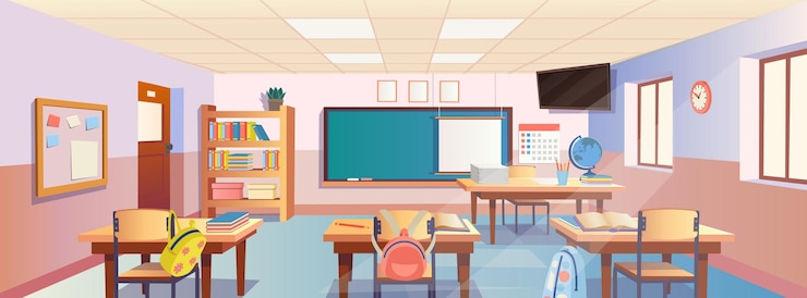 Vecteur intérieur de classe de dessin animé avec vue sur les bureaux d'école de tableau noir avec porte de bibliothèque de chaises.