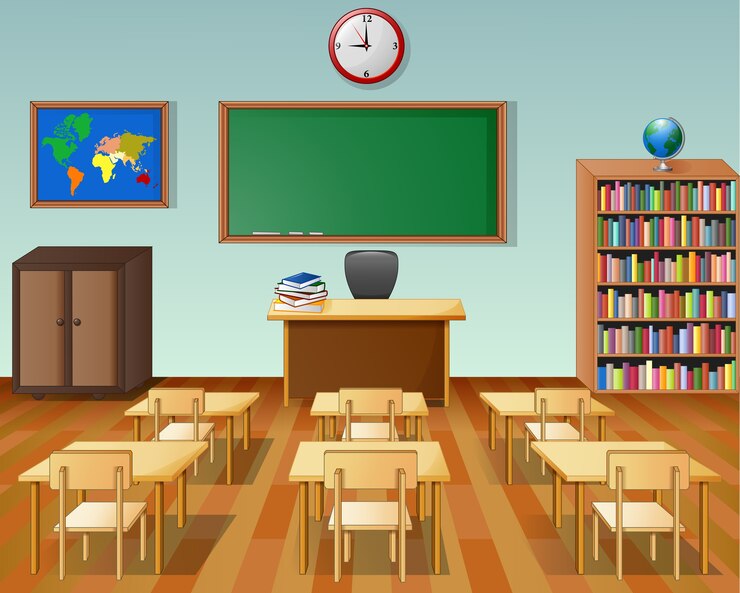 Vecteur intérieur de la classe de l&#39;école avec tableau et bureau