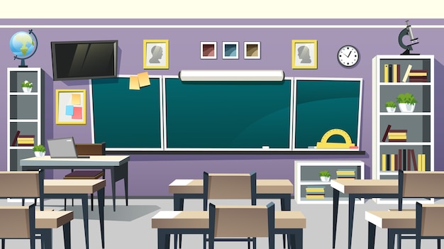Intérieur de la classe de l'école vide avec tableau noir sur mur violet, vue en perspective