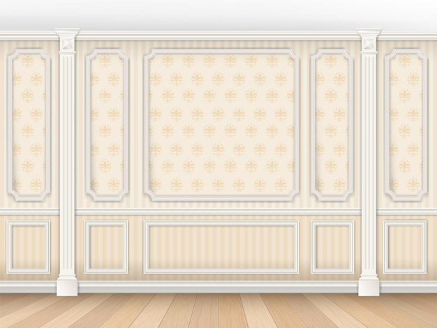 Intérieur Classique Luxueux De Style Classique Avec Moulures Et Pilastres Papier Peint Sur Les Murs Dans Le Motif Damassé Fond Intérieur Illustration Vectorielle Réaliste