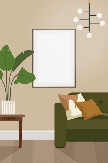 Intérieur classique avec une maquette sur le mur Cadre photo vide à l'intérieur avec canapé vert