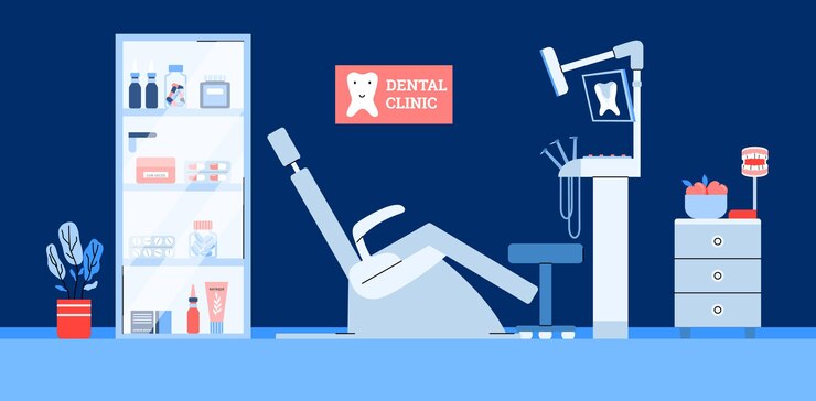 Vecteur intérieur de la clinique dentaire avec le médecin dentiste du lieu de travail et le patient de la chaise