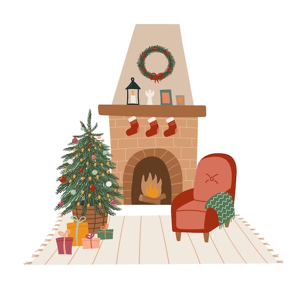 Vecteur intérieur confortable avec arbre de noël et cheminée vector illustration dessinée à la main