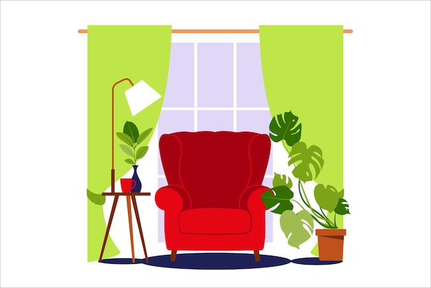 Intérieur Confortable D'un Salon Moderne Avec Un Fauteuil, Des Plantes D'intérieur, Une Fenêtre Et Une Lampe. Illustration Vectorielle.