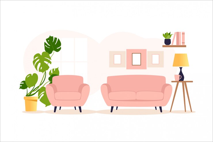 Vecteur intérieur confortable d'un salon moderne avec un fauteuil, des plantes d'intérieur, une fenêtre et une lampe. illustration.