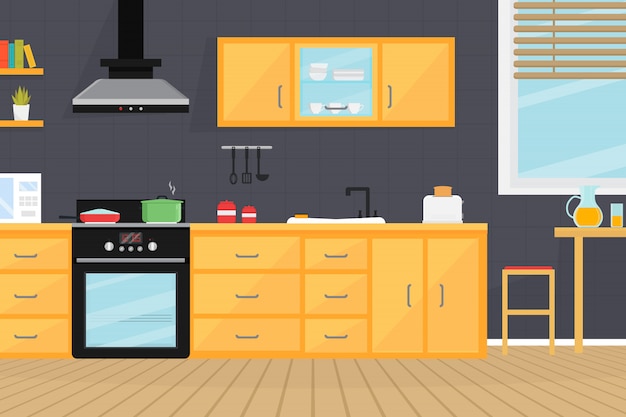 Intérieur de la cuisine avec appareils électriques, évier, meubles et vaisselle.