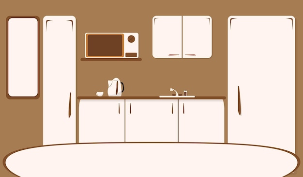 Intérieur de cuisine blanc moderne avec accessoires sur fond marron