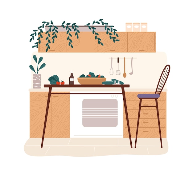 Vecteur intérieur de cuisine chaleureux avec tabourets de bar, table moderne et ingrédients alimentaires dessus. conception hygge de la salle à manger. coin cuisine minimaliste cosy et confortable. illustration vectorielle dans un style plat.