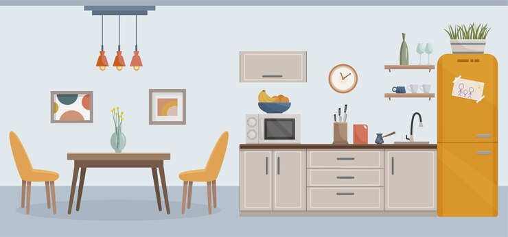 Vecteur intérieur de cuisine confortable avec capot d'extraction de poêle de meubles décor pour la cuisine