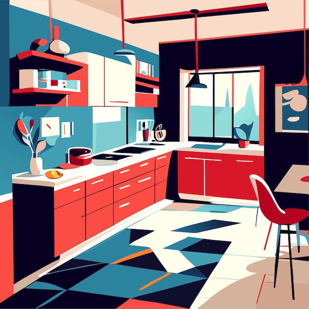 Vecteur intérieur de la cuisine de dessin animé à la maison avec illustration vectorielle du réfrigérateur