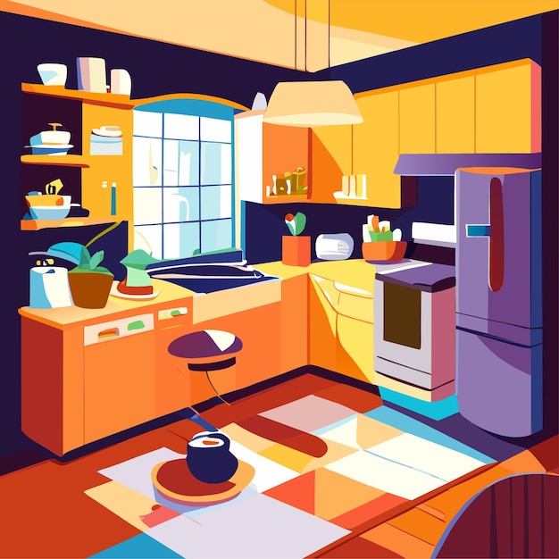 Intérieur De La Cuisine De Dessin Animé à La Maison Avec Illustration Vectorielle Du Réfrigérateur