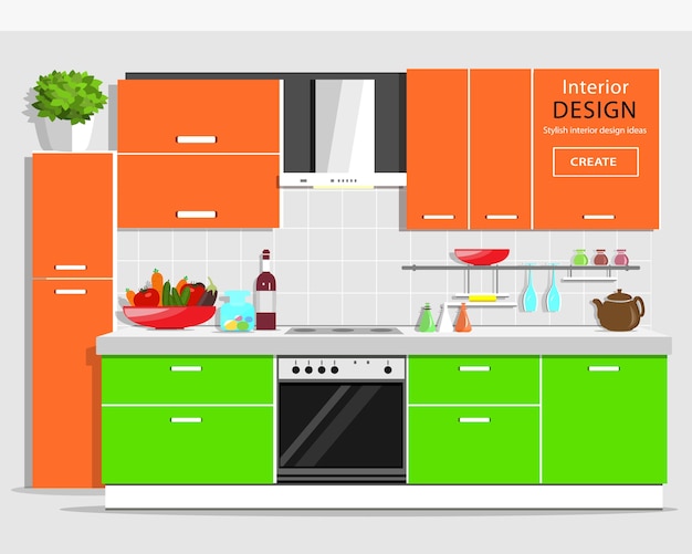 Vecteur intérieur de cuisine graphique moderne. cuisine colorée avec des meubles. appareils ménagers et de cuisine. illustration.