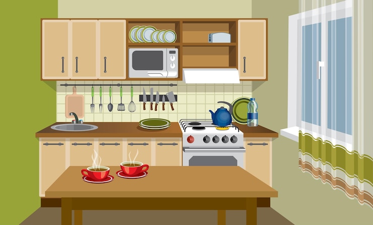 Vecteur intérieur de cuisine en illustration vectorielle de style vintage