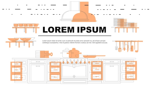 Vecteur intérieur de cuisine moderne dans une cuisine de contour de style linéaire avec mobilier et ustensile outil équipement publicité flyer design plat illustration vectorielle