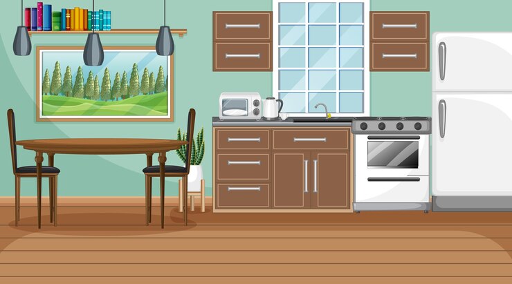Vecteur intérieur de cuisine moderne avec mur végétalisé et mobilier