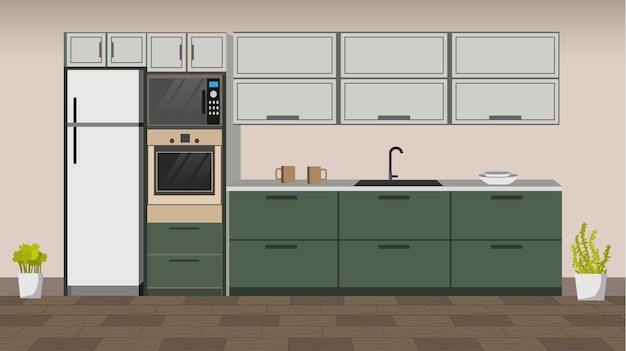 Intérieur de cuisine réaliste avec une couleur vert foncé