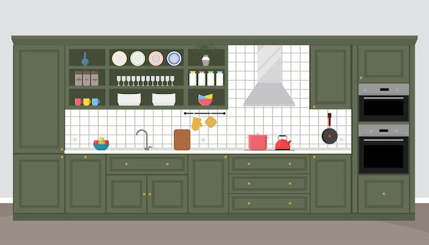 Vecteur intérieur de cuisine de style néoclassique, couleurs tendance. illustration plate