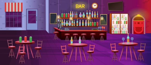 Intérieur du bar avec lampes, tables avec chaises, étagères avec bouteilles d'alcool, télévision, réfrigérateurs et juke-box. Illustration de dessin animé de vecteur