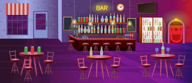 Vecteur intérieur du bar avec lampes, tables avec chaises, étagères avec bouteilles d'alcool, télévision, réfrigérateurs et juke-box. illustration de dessin animé de vecteur